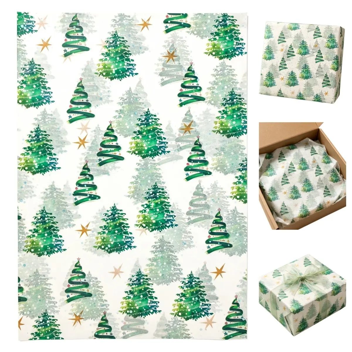 Watercolor Christmas Tree with Fairy Lights Tissue Paper 50×35cm (19.68×13.78 Inches), 15 Sheets & 60 Sheets Optional, Xmas Decorative Gift Wrapping Paper Perfect for Boosting Christmas Festive Vibe, Use It to Embellish Your Gifts and Receive Lots of Comp