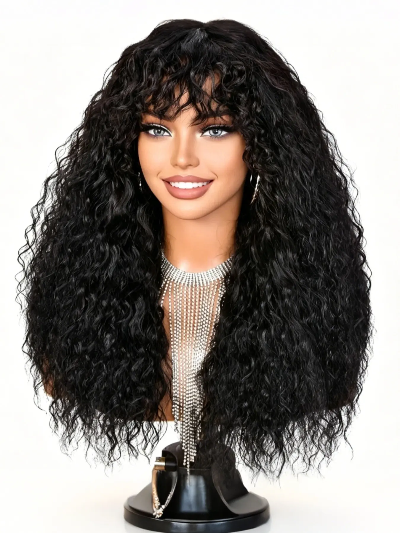 Popular Viral Hairstyle 20 Inch Natural Black Deep Curly, Kinky Curly Glueless Synthetic Wig With Air Bangs, Natural Black Tone With No Overly Shiny Plastic Finish, Dense Bouncy Deep Curly Texture Creates Hair Volume, Soft Air Bangs
