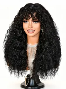 Popular Viral Hairstyle 20 Inch Natural Black Deep Curly Glueless Synthetic Wig With Air Bangs, Authentic Natural Black Tone With No Overly Shiny Plastic Finish, Dense Bouncy Deep Curly Texture Creates Full Luxurious Hair Volume, Soft Air Bangs Modify For