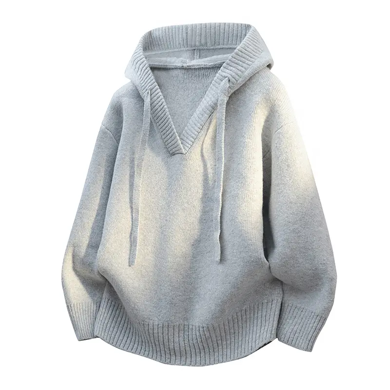 Men V‑Neck Hooded Knit Pullover Sweater, Drawstring Adjustable Hood Design, Ribbed Elastic Cuffs And Hem, Soft Cozy Texture Long Sleeve Knit Jumper, Daily Commuter Layering Casual Knitwear # sohochic
