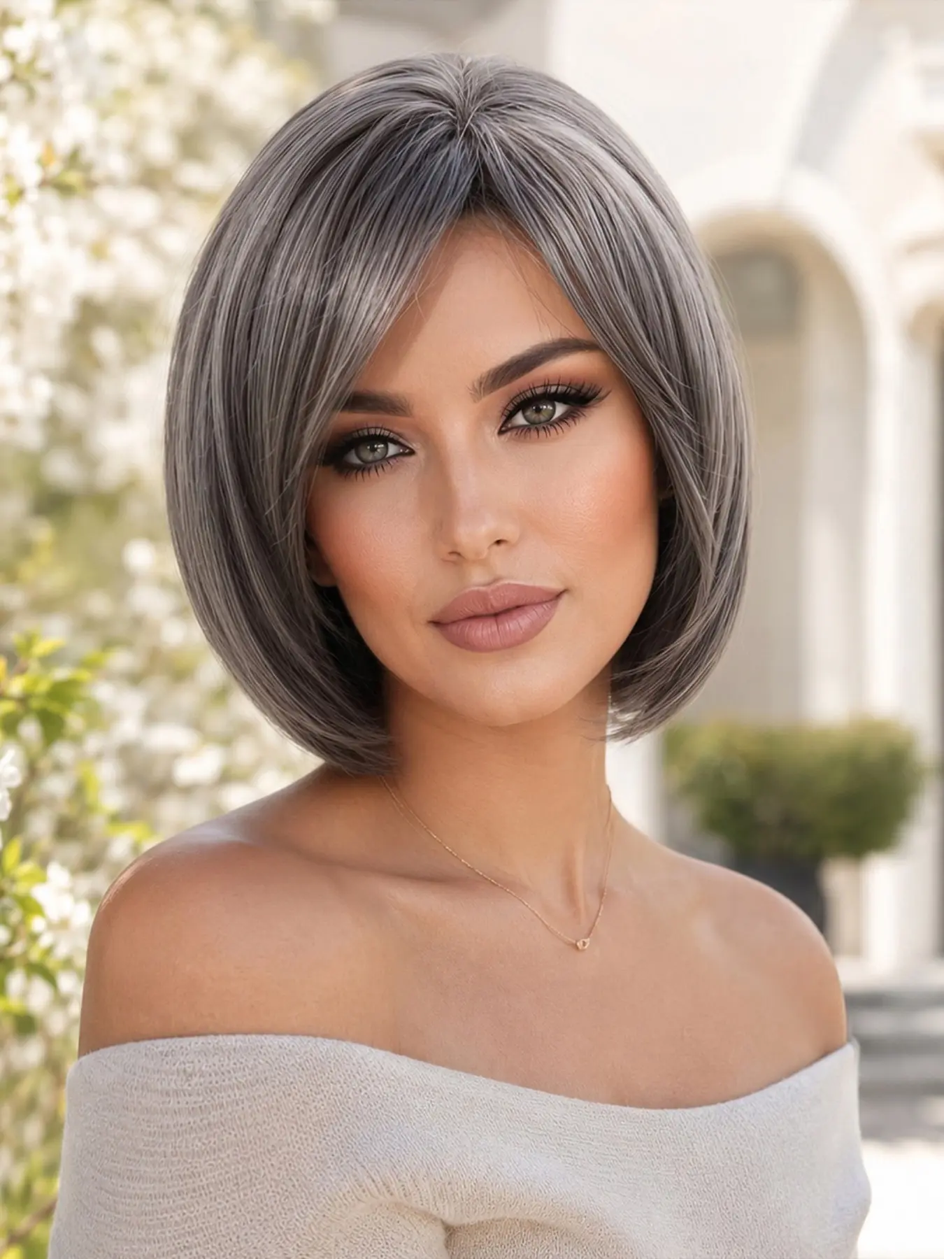 Silver Color Mix Side Bang Bob Hair, 10-Inch Straight Short Bob Synthetic Wig, Synthetic Hair Wigs, Straight Bob Style