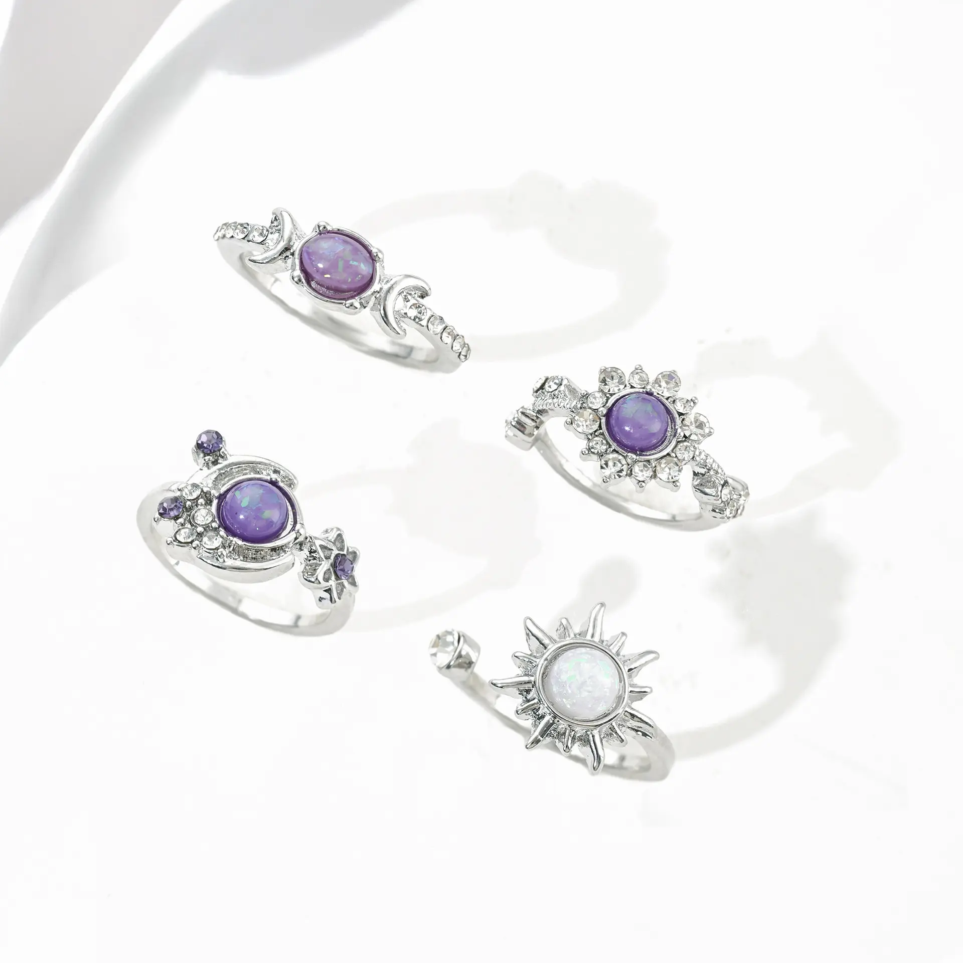 4-Piece Boho Crystal Ring Set for Women, Vintage Sun & Moon Adjustable Stacking Jewelry in Gold and Silver Tone, Ring Stack, Crystal Rings campingessentials