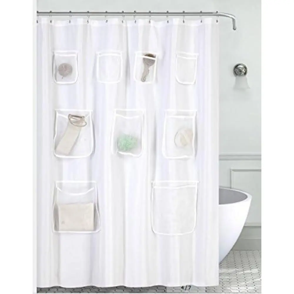 Water-Repellent Fabric Shower Curtain or Liner with 9 Handy Mesh Pockets, Premium Thick Cloth & Opaque, Washable, 71 x 72 inches, Rust Proof Grommets, White