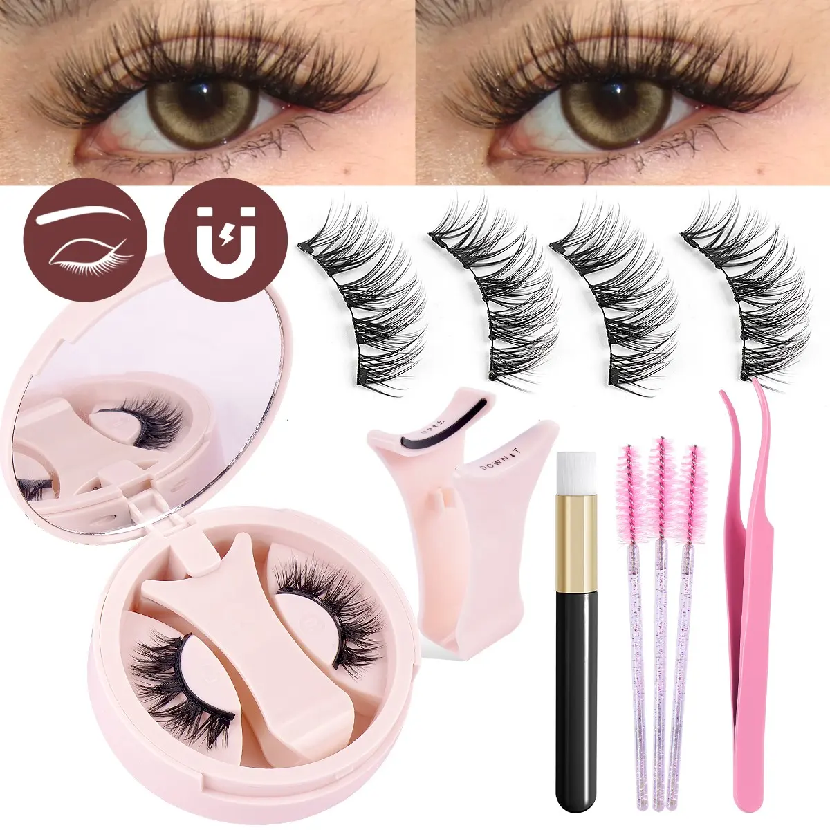 MAANGE 1 Pair Reusable Magnetic Curl False Eyelashes Full Set, No Glue Magnetic Lashes with Lash Applicator, Tweezers, Facial Cleansing Brush & 3 Eyelash Brushes, Voluminous Eye Lashes for Daily Party Makeup
