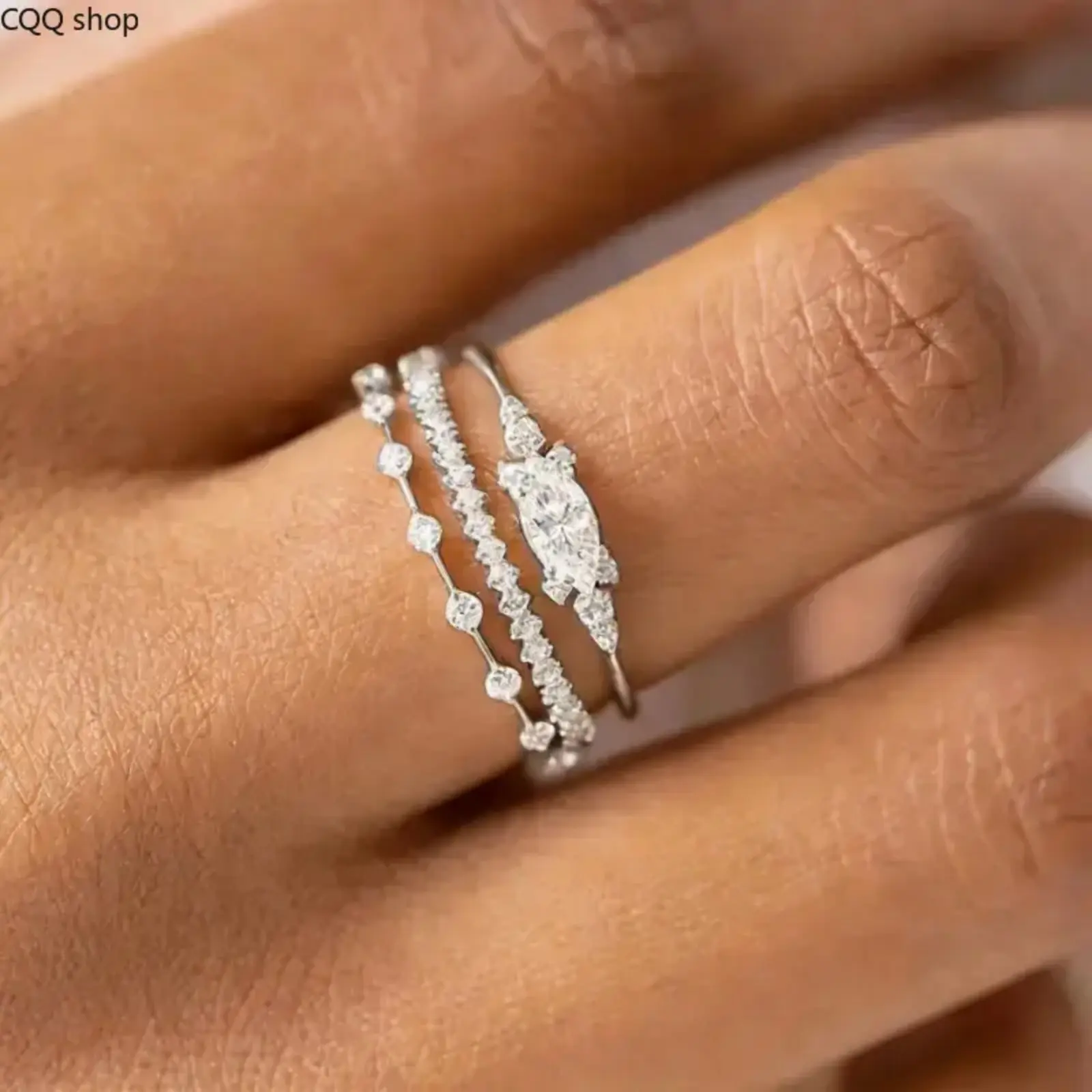 Women's Minimalist Layered Stack Ring Set - Dainty Marquise-Cut Cubic Zirconia, Lightweight Elegant Casual Jewelry, Gold-Silver Tones, Versatile Sports & Outdoor Daily Accessory