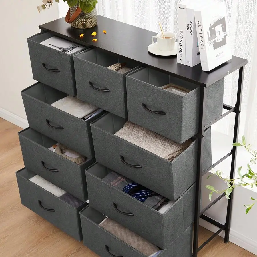 Dresser Bedroom With 9 Drawers Chest Tower With Easy Pull Bins, TV Stand Organizer Storage Living Room Closet Hallway, Wooden Top Sturdy Steel Frame Back To School Dormitory Storage