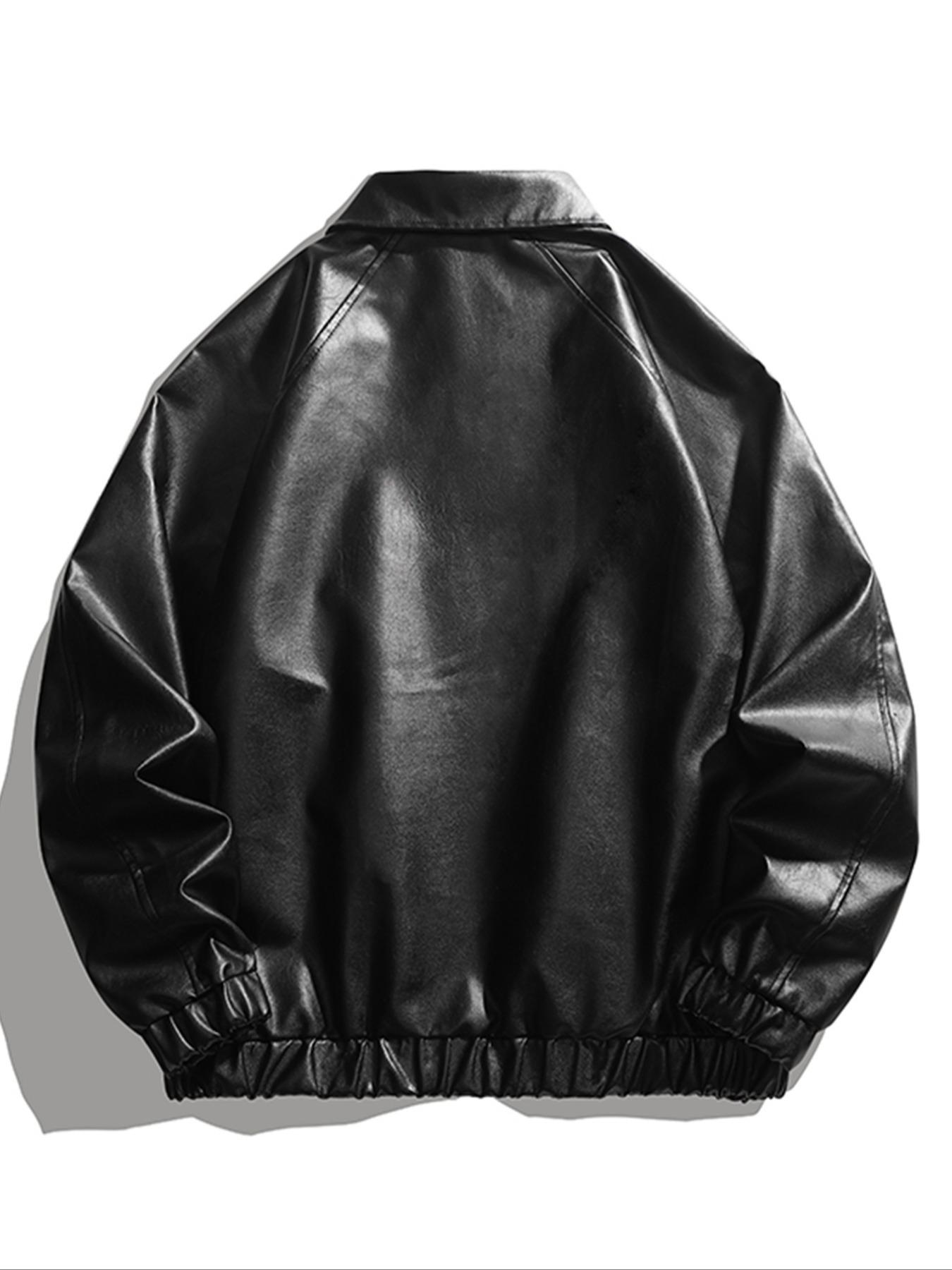 Men's Solid Color Pocket PU Leather Collared Jacket Coats, Regular Fit Casual Long Sleeve Zip Up Outerwear for Daily Wear, Men's Clothing for All Seasons