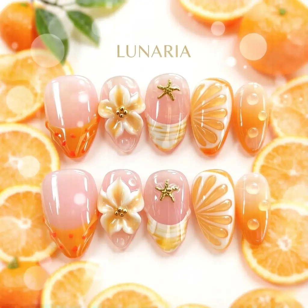 10pcs Press on Nails, Decorative Nails, Handmade Press ons, Orange Citrus, 3D Floral French Tip Yellow Fruit False Nails, Spring Nails Summer Nails Acrylic False Nail Reusable Easy to Wear for Parties, Daily & Dancing, Nail Kit