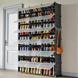 Portable Detachable Shoe Storage Organizer Cabinet DIY Plastic Shoe Rack Organizer with Closed Door Large Capacity Shoe Shelves for Entryway Bedroom Closet Small Space