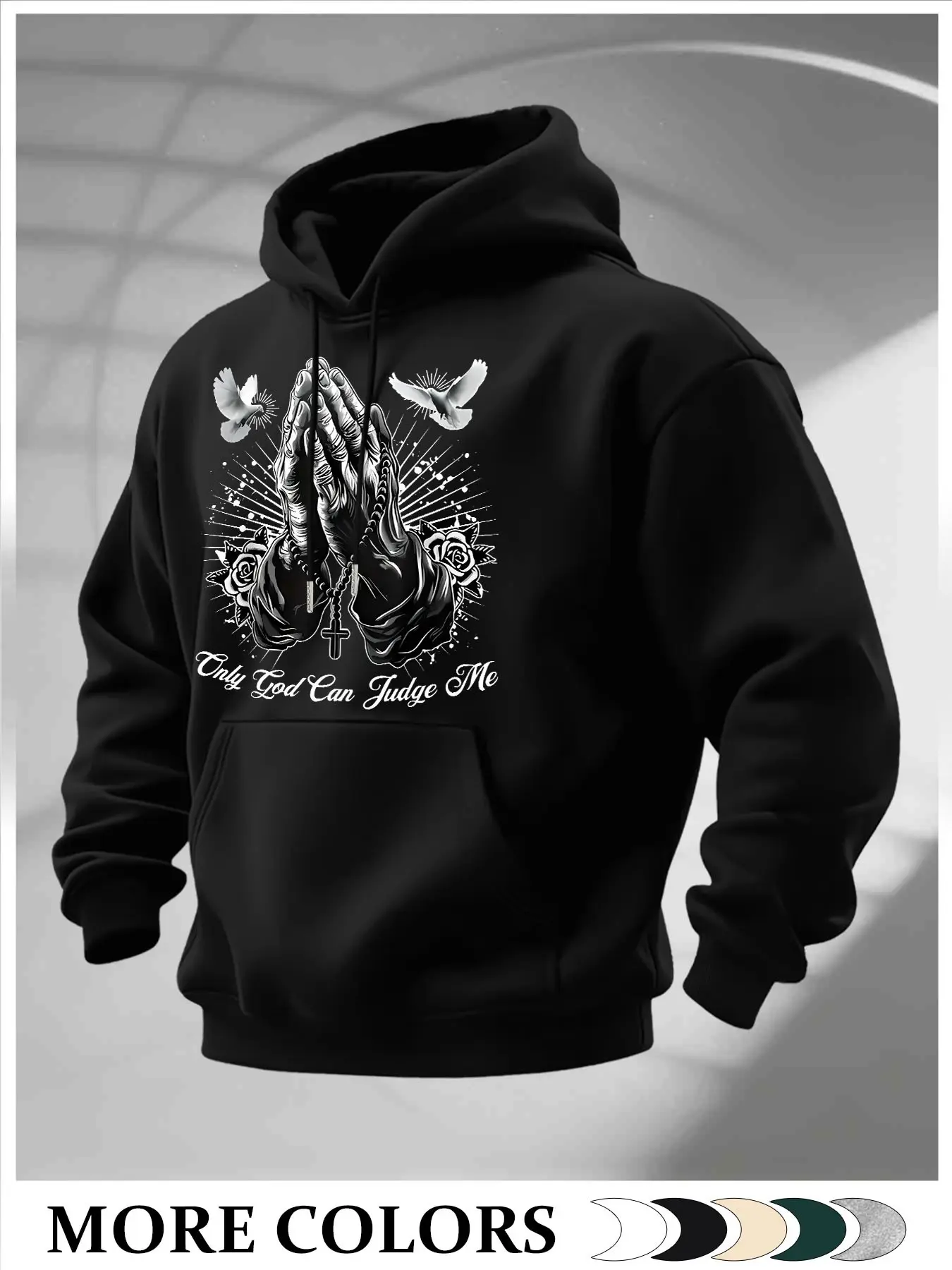 Men's Pullover Hoodie, Praying Hands Dove Rose Only God Can Judge Me Print, Christian Faith Vintage Streetwear Casual Sweatshirt for Men