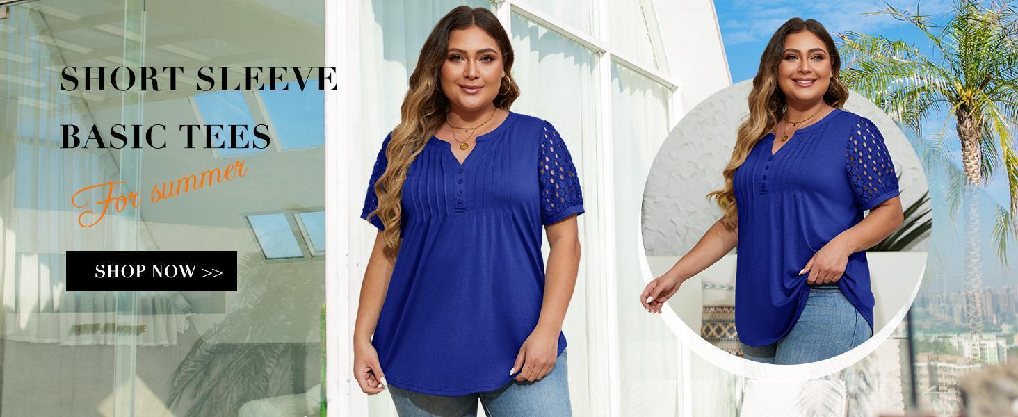 【L-4XL】Plus Size Curve imily bela curve Women's Plus Size Henley T Shirt Summer Lace Sleeve Tees Casual Pleated Flowy Tunic Tops