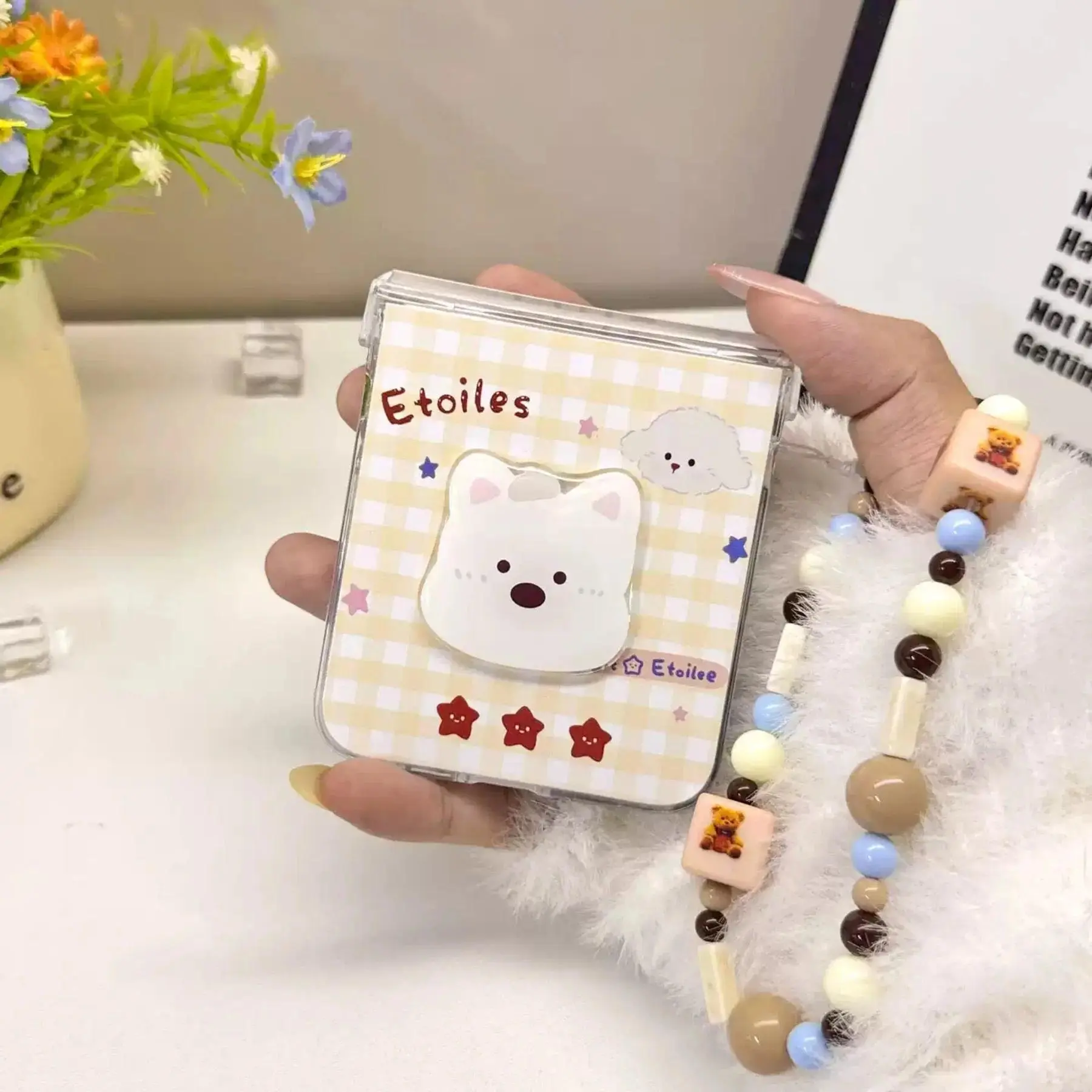 Cute Yellow Lattice 3D Puppy Case with Bear Bracelet for Samsung Galaxy Z Flip8 Flip7 Flip6 5 for Xiaomi MixFlip2 Mixflip Cover
