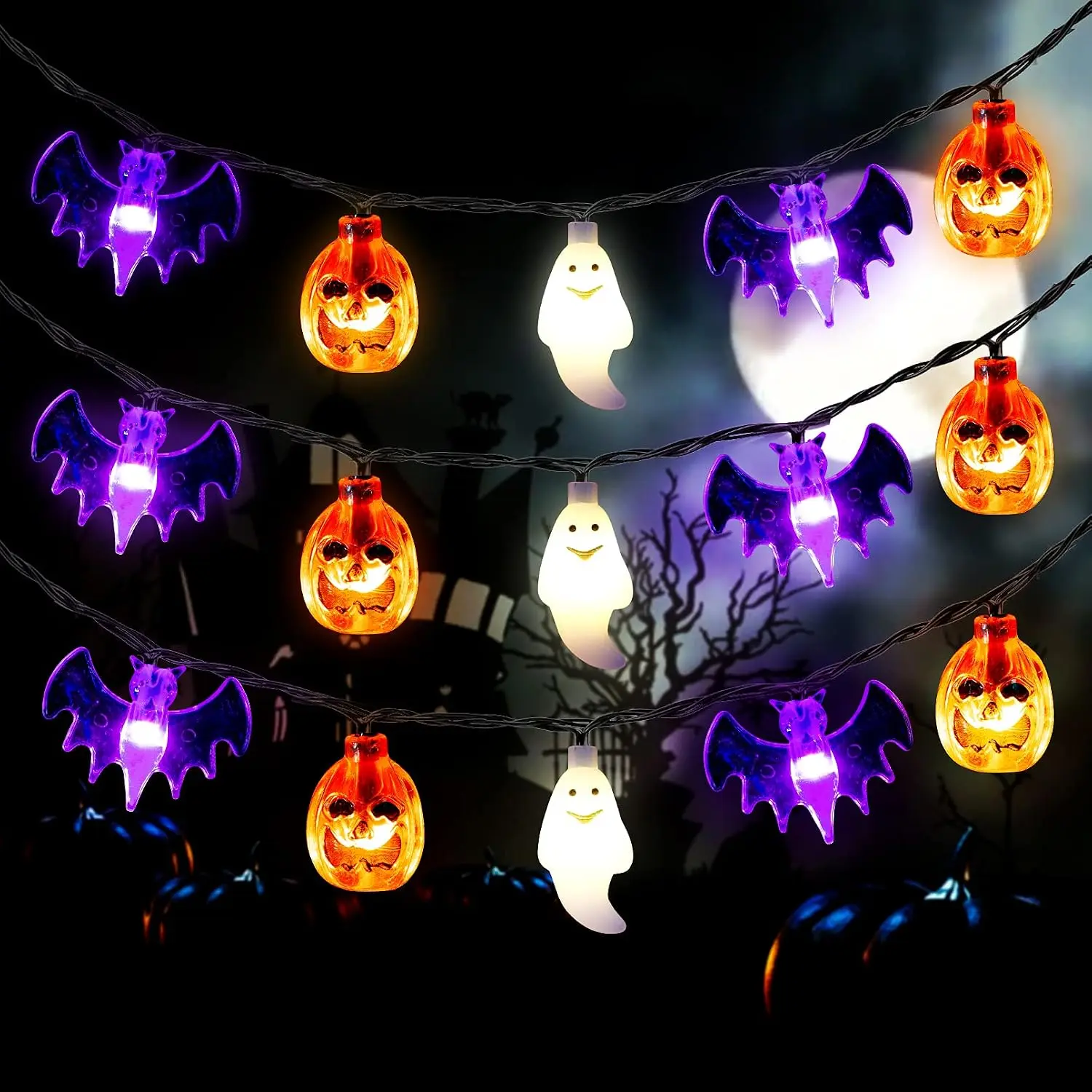 Halloween Lights, 20Ft 30 LED Pumpkin  Bat String Lights  Operated with Timer, 8 Light Modes Halloween Fairy Lights for Indoor Outdoor Party  Yard Window Decor