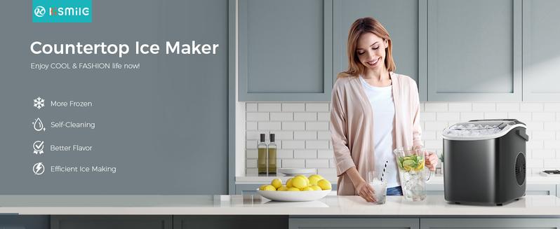 Kismile Ice Makers Countertop with Carry Handle,26Lbs/Day,9 Cubes in 6 Mins,Self-Cleaning Ice Machine for Home,Office,Kitchen (Black) Icemakermachine