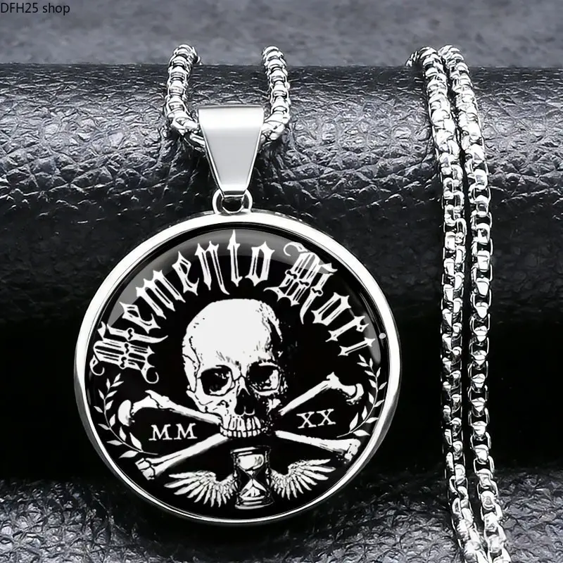 Gothic Skull Crossbones Pendant Necklace for Men, Stainless Steel Round Medallion with Hourglass and Wing Artwork, Vintage Punk Biker Statement Necklace, Rust Resistant Jewelry for Daily Wear