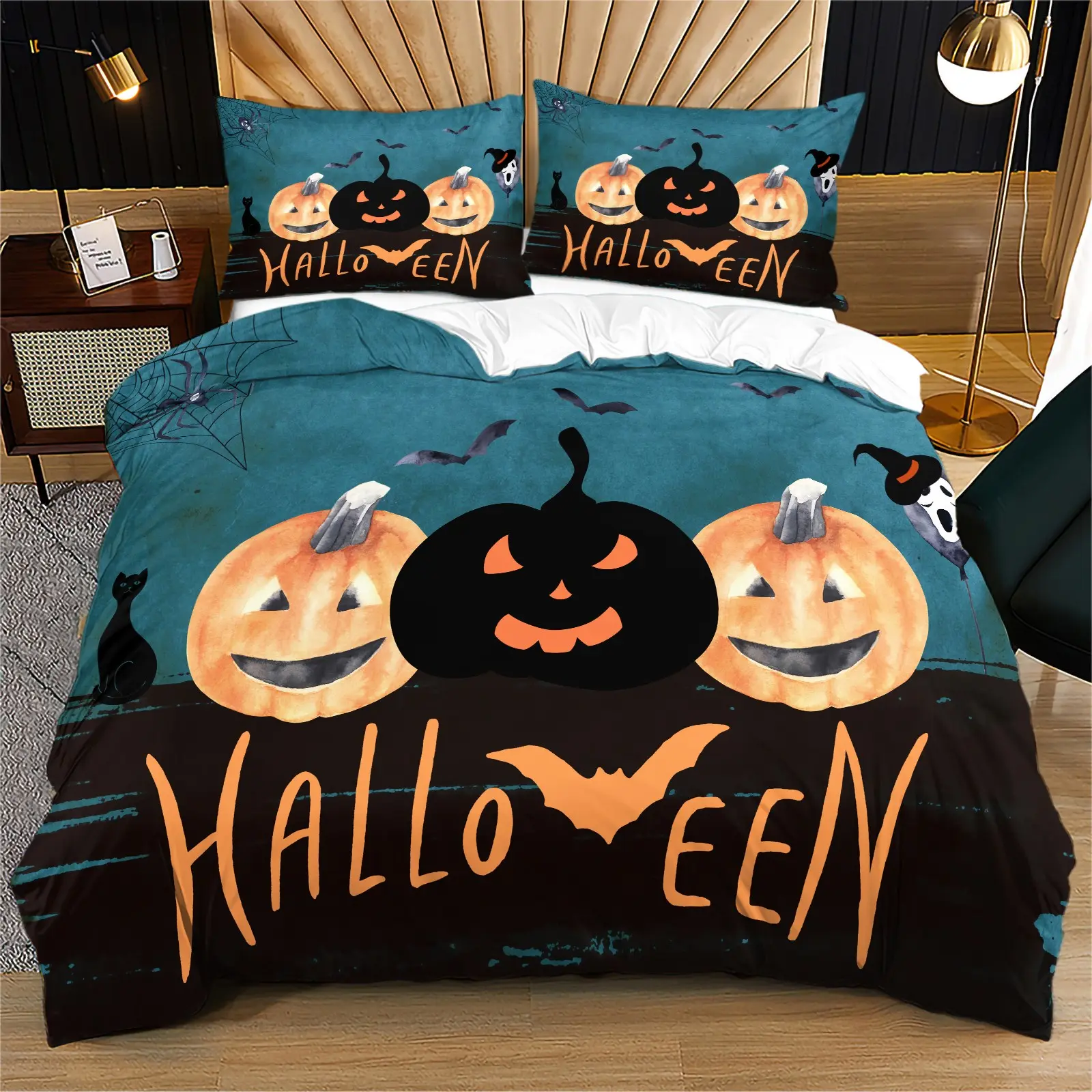 Halloween Pumpkin Duvet Cover Set, 1 Duvet Cover and 1-2 Pillowcases, No Filling, Watercolor Pumpkin Bat Black Cat Spider Pattern, Zipper Closure & Corner Fixed Ties, Soft Breathable Machine Washable Bedding, Bedroom Dorm Decor for Adults , Teens
