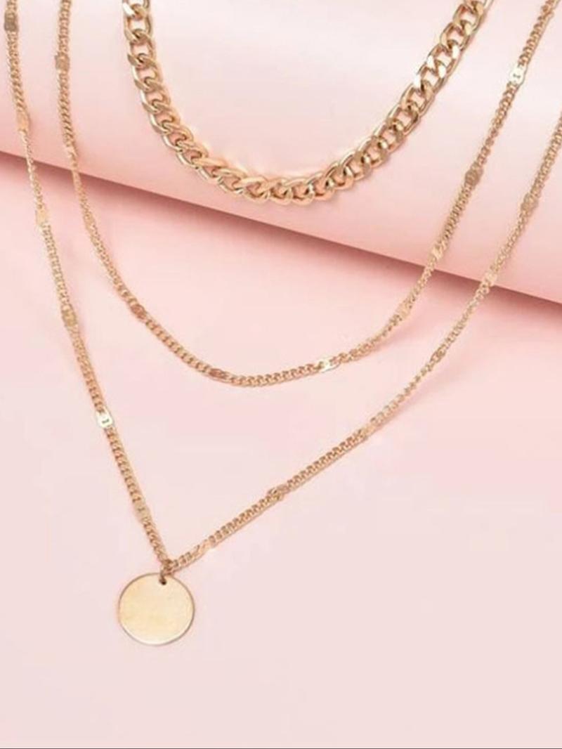 Women's Summer 2024 Plain Round Decor Layered Necklace, Dainty Layering Jewelry, Minimalist Elegant Boho Style Geometric & Chain Design Layer Set Necklace, Fashion All-match Necklace