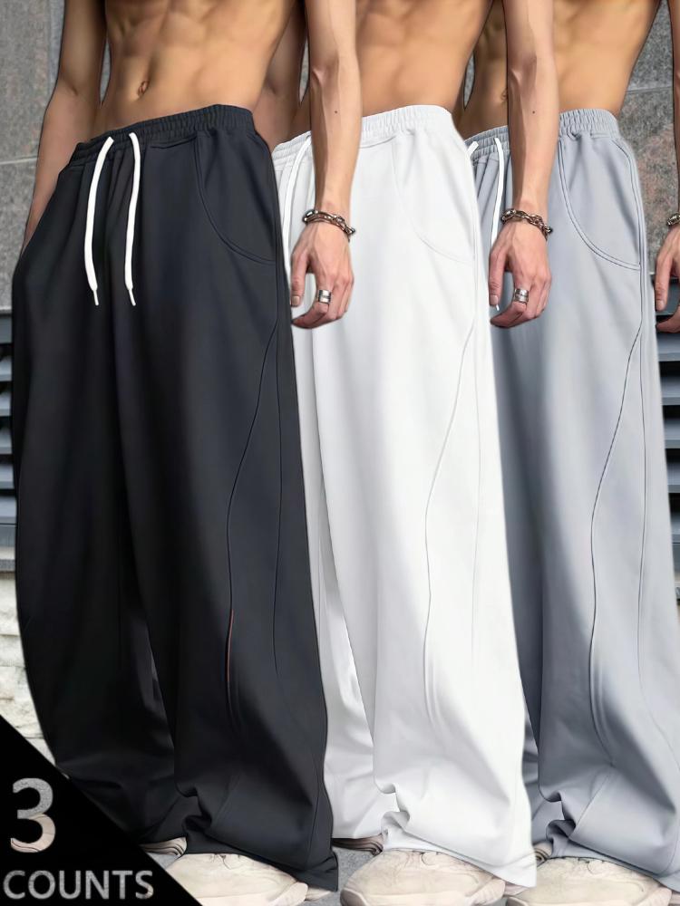 Y2K Men's 3-Pack Wide Leg Sweatpants - Black, Grey & Navy Blue - High Street Loose Fit Joggers with Drawstring Waist & Side Pockets - Lightweight Fabric - Perfect for Streetwear, Casual, Daily Wear - S-3XL Sizes