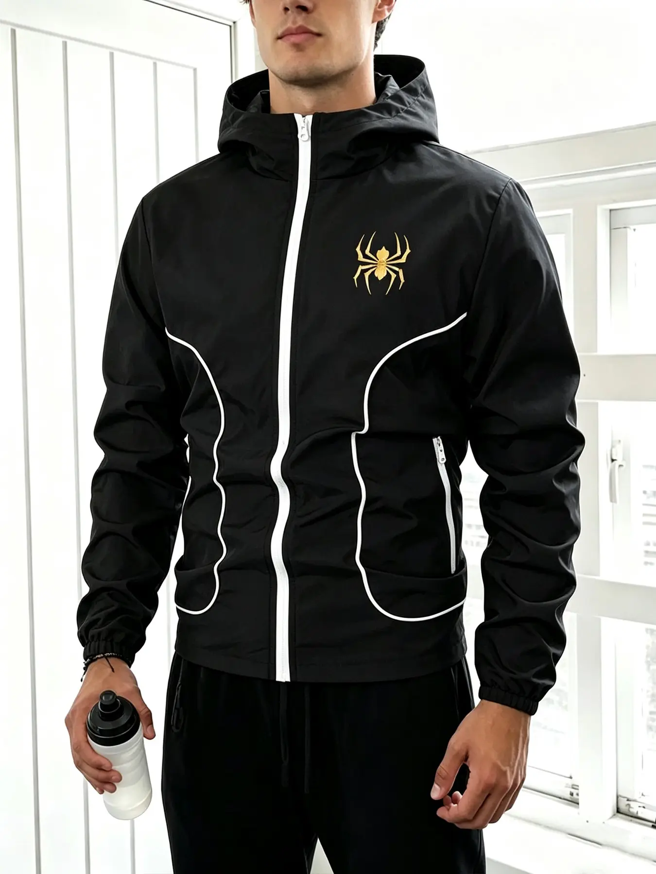 Men's Black Full Zip & Side Stripes Design Stand Up Hooded Windbreaker Casual Sport Jacket for Daily Streetwear Running Workout Outerwear Tops Gold Spider Print