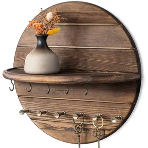 Pine Wood Key Holder Wall Mount – Rustic Wooden Key Hooks for Wall with Shelf – Decorative Mail Organizer, Coat Rack & Dog Leash Holder for Home Decor, Entryway and Living Room (Brown)