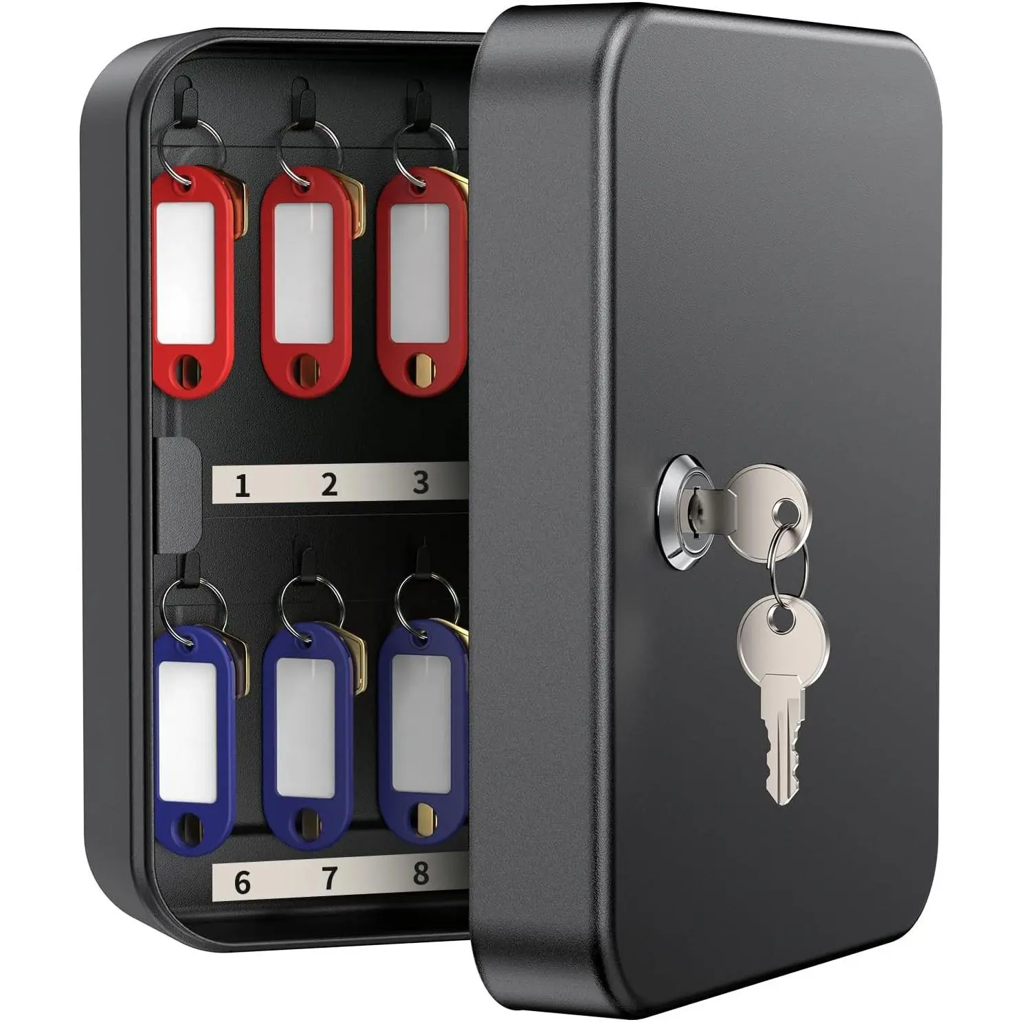 20 Position Key Cabinet with Key Lock Wall Mounted Black  Storage Box Steel Key Organizer with Colorful Key Tag Labels Stickers and Hooks