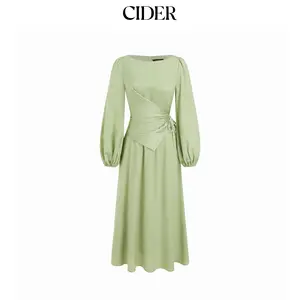 Cider Satin Boat Neck Lantern Sleeve Asymmetrical Maxi Dress