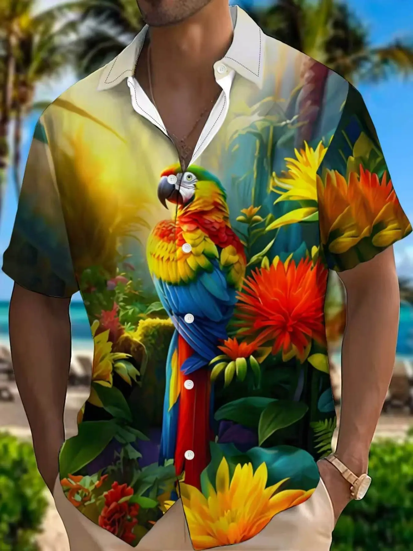 Men's Tropical Floral Print Hawaiian Polo Shirt Top, Slim-Fitting Short Sleeve Button-Up, Casual Summer Blouse, All over Print, Menswear