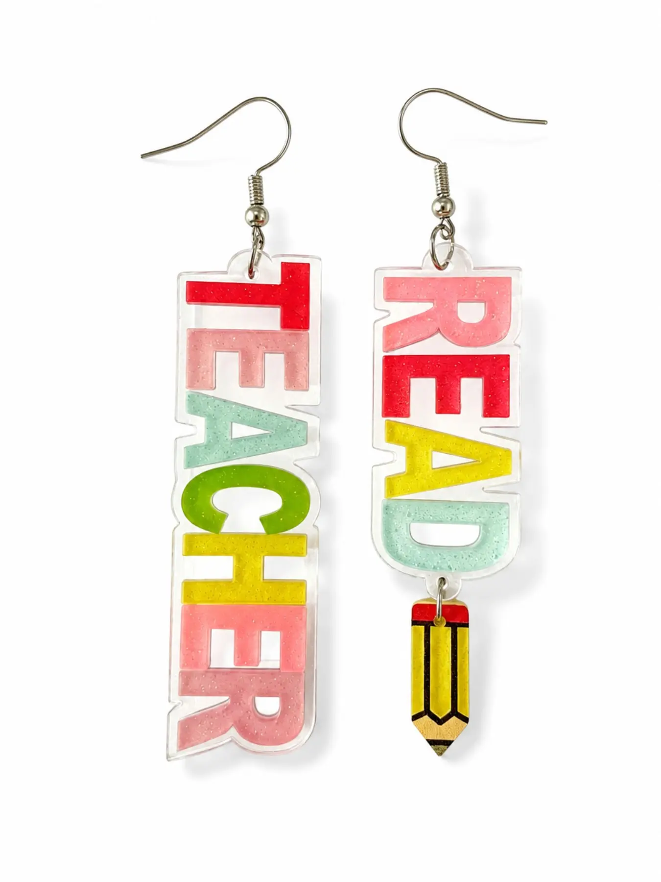Colorful Teacher and Reading Pencil Earrings, Asymmetrical Women's Back-To-School Earrings, Unique Fashion Accessory for Daily Wear