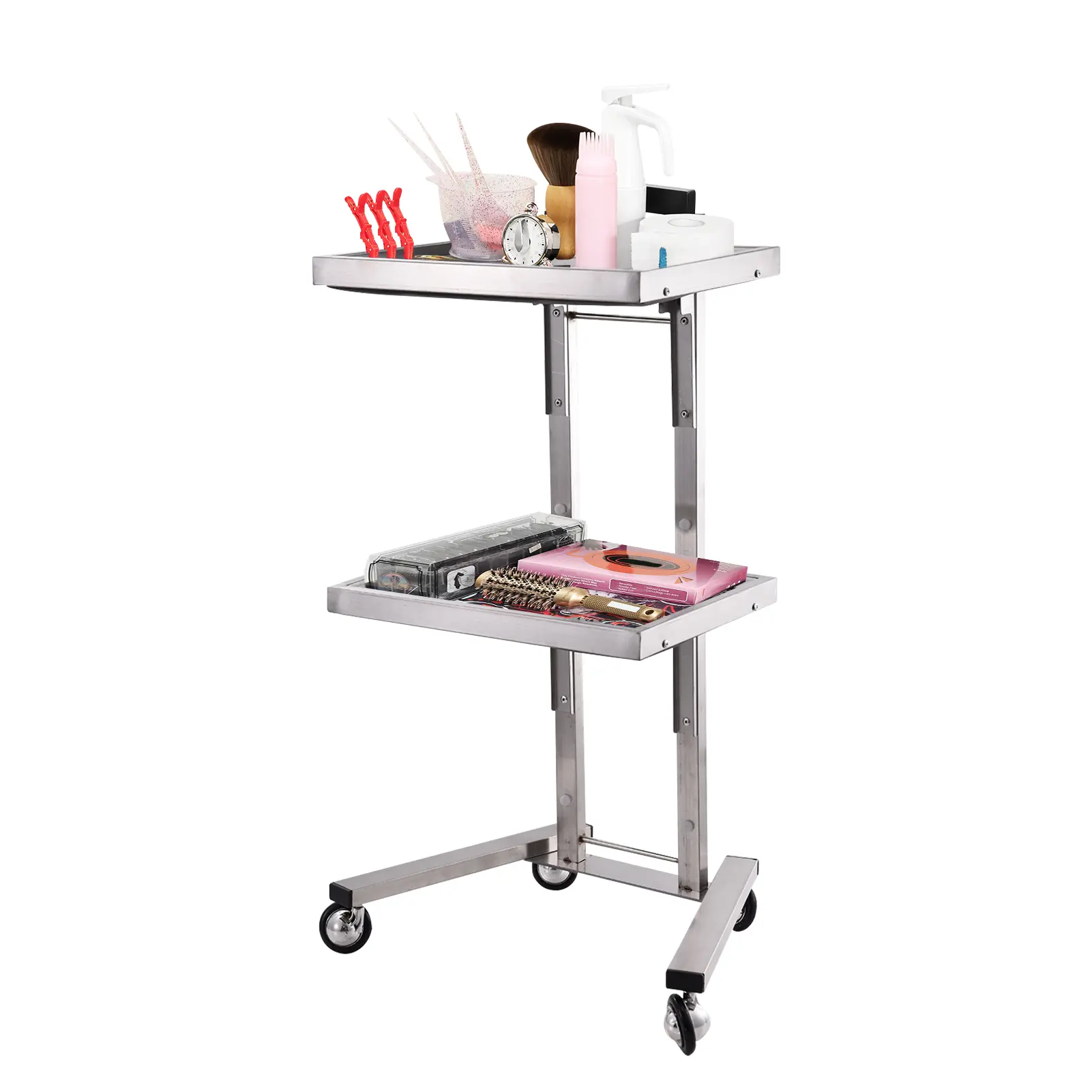 Salon Rolling Cart 2 Tier Rolling Tray Trolley Storage Shelf Stainless Steel Foldable Utility Cart on Wheels for Kitchen Classroom Bathroom Home