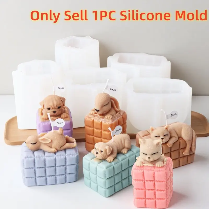 1PC Cute Lying Cat Silicone Candle Mold Cartoon Animal Sleep Rabbit Puppy Dog Handmade Soap Plaster Resin Mold DIY Candle Making Pet Lover Home Decor Gift