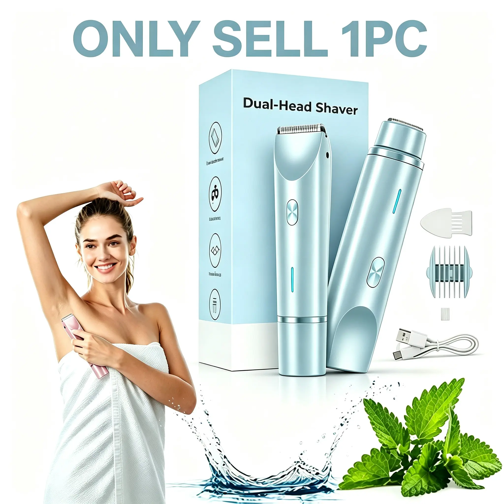 2-In-1 Women Electric Hair Trimmer, Underarm Trimmer, Ipx7 Waterproof Showerproof Wet Dry Shaver, Ceramic Blade, Type-C Rechargeable, Body Groomer for Face Bikini Armpit Leg