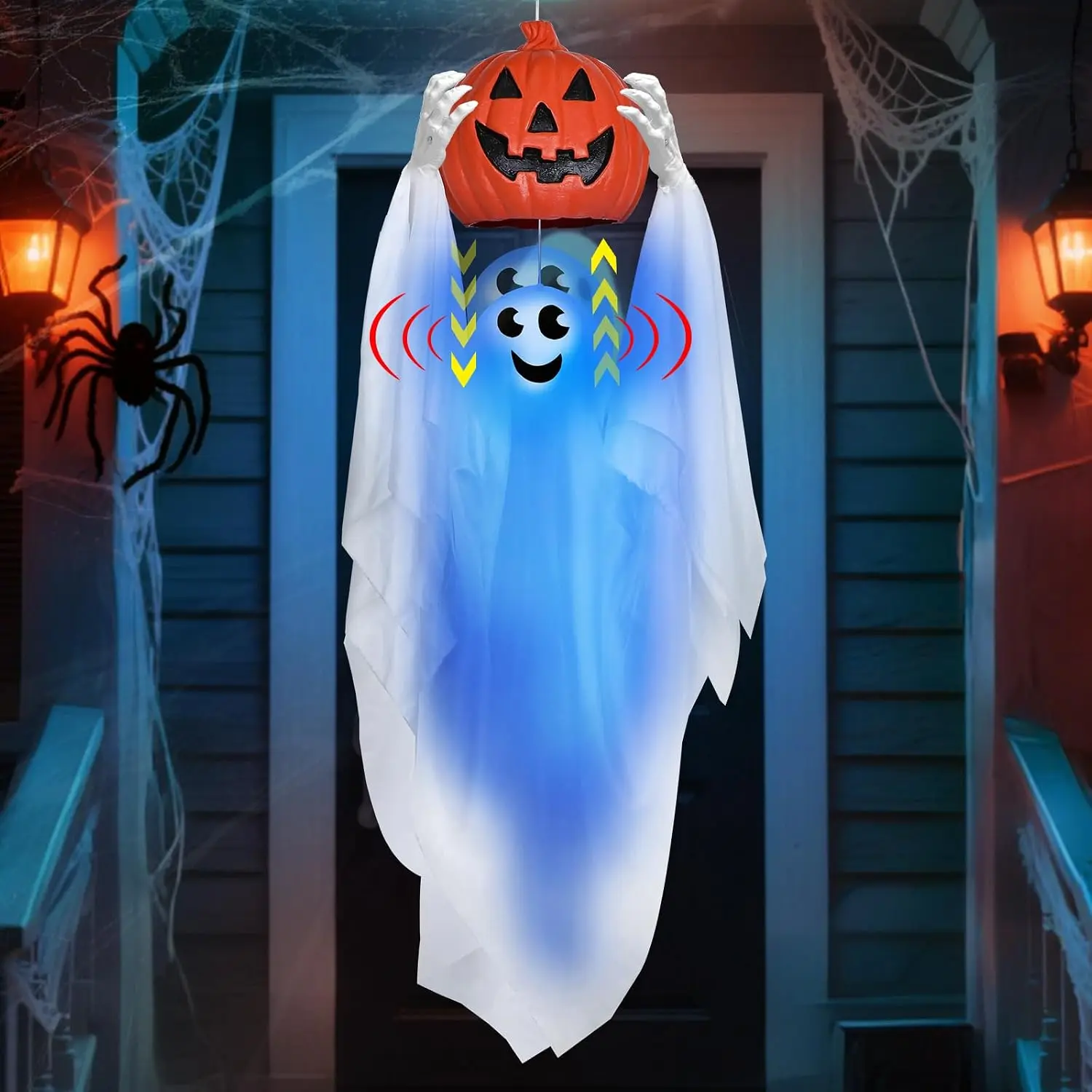 Sound Activated 43" Halloween Animatronics Hanging Ghost Holding Pumpkin| Hide-and-Seek Ghost with Blue Light & Creepy Sound for Halloween Decorations Outdoor, Yard Porch Party Haunted House BY