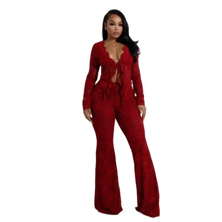2025 Spring and Summer Women's Clothing Lace-up Cutout Cardigan Long-Sleeved Lace Shirt Lace Pants Two-Piece Set