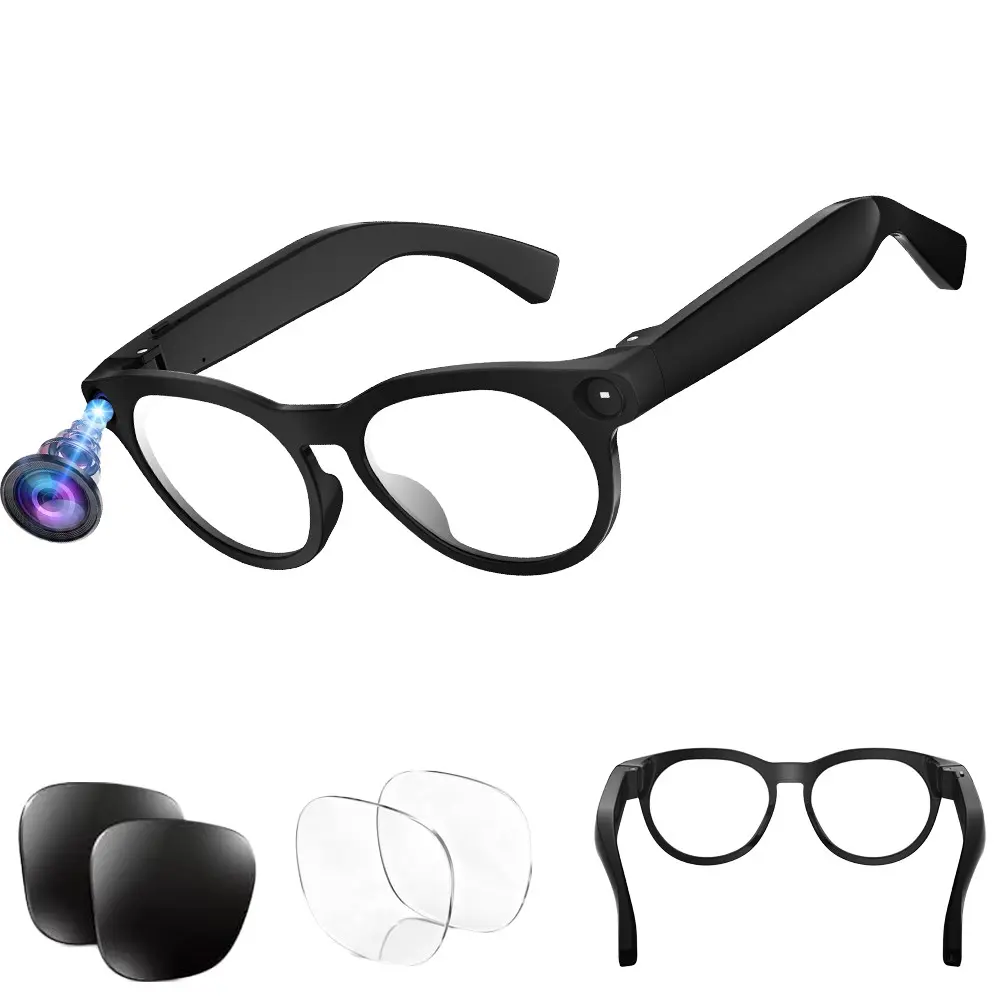 Smart Glasses for Women,8MP Camera, Hands-free Recording, 4GB Memory, 290Mah Battery,AI Real Time Translation, Video Call Translation,Build-in Mic & Speakers, Bluetooth Calling, Music Control , 2 Lenses Total (Transparent +Black)