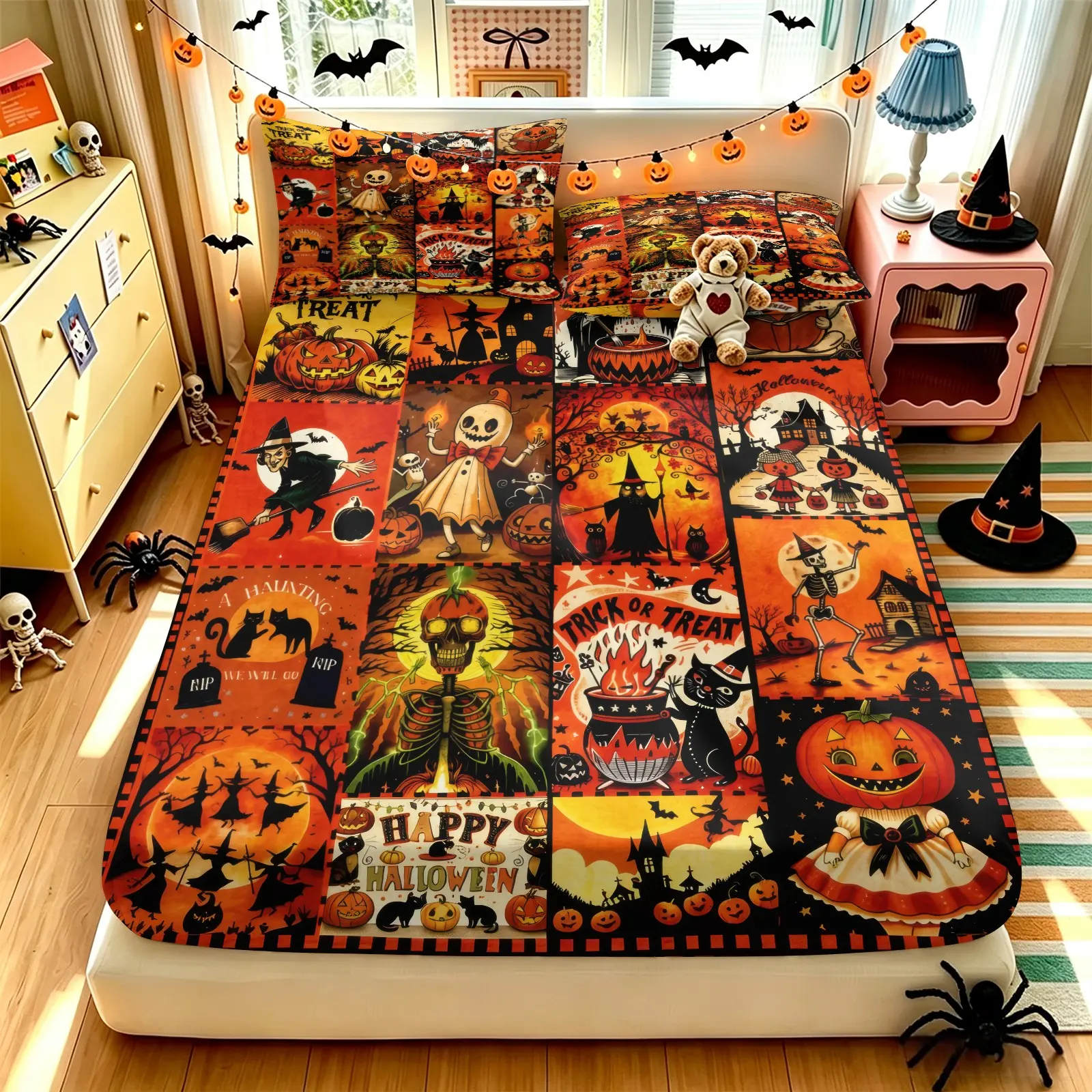 Vintage Collage Halloween Pumpkin Skeleton Fitted Sheet Set (1 Fitted Sheet + 2 Pillowcases), Soft Breathable Microfiber, All‑Around Elastic Deep Pocket Non‑Slip Bedding Set, Retro Witch Black Cat Print, Spooky Halloween Bedroom Decor