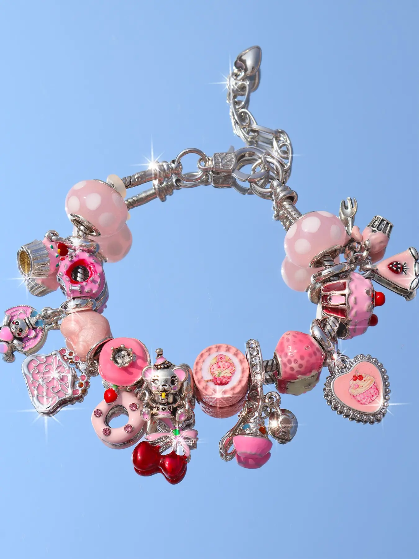 Cute Polka Dot Sweet Treat Charm Bracelet, Cherry Bear Donuts Food Replica Bracelet, Vintage Heart Sweetness Bracelet, 1 Piece, Zinc Alloy, Fashionable Bracelet