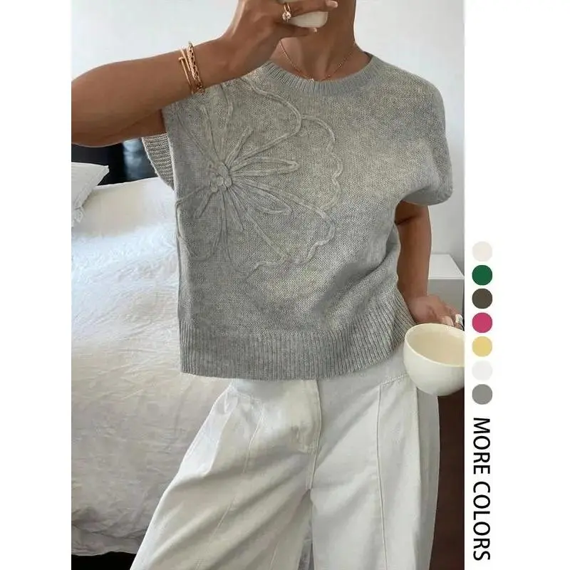 Women's Plain Flower Jacquard Crew Neck Sweater, Casual Slim-fitting Long Sleeve Jumper for Daily Wear, Ladies Knitwear for All Seasons