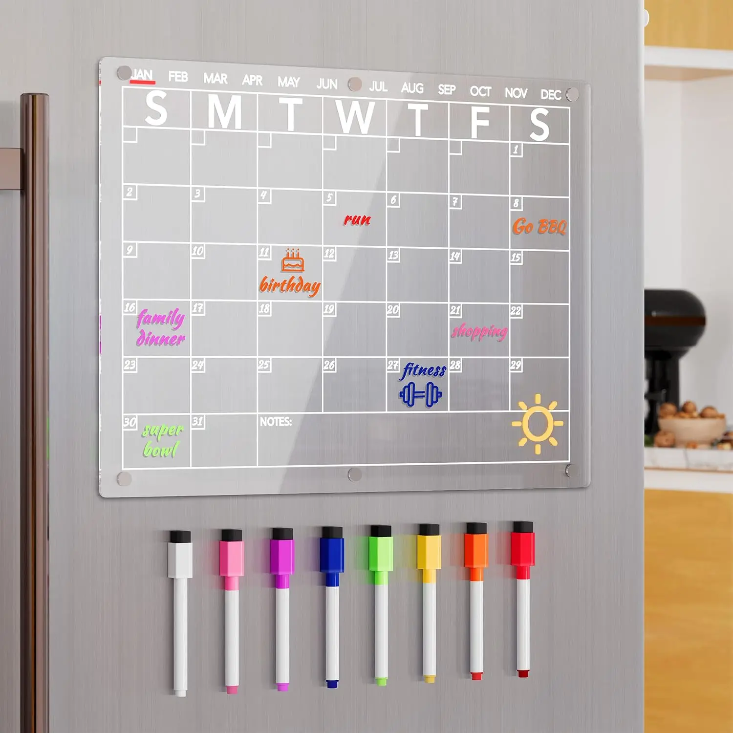 Dry Erase Board Calendar for Fridge, Clear Monthly Planner Whiteboard for Refrigerator, w/ 8 Colors Markers, 15"x11"