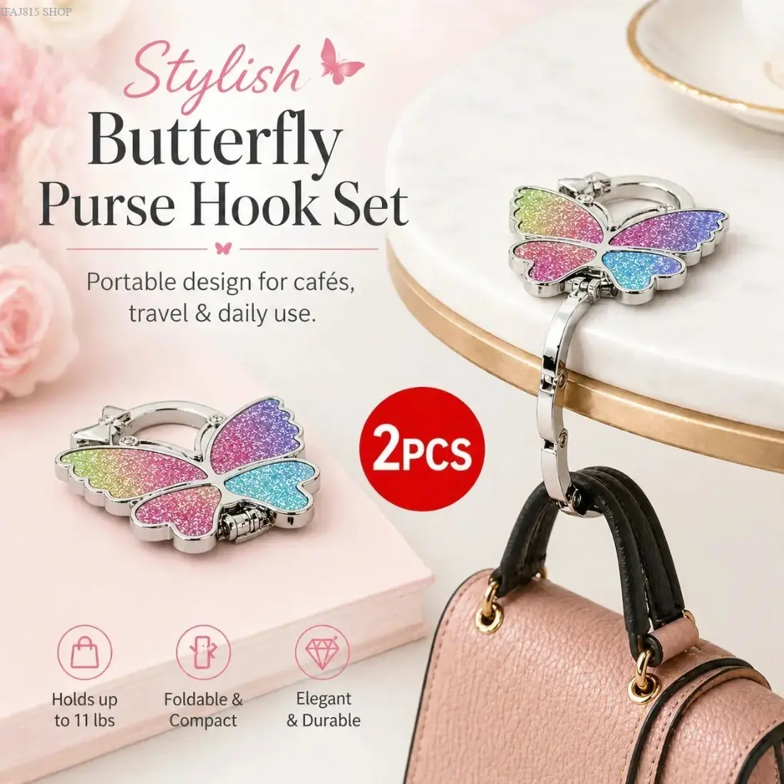 2PCS Foldable Purse Hook for Table, Butterfly Handbag Hanger with Portable Bag Holder Design, Lightweight Space Saving Desk Hook for Women, Cute Anti Slip Purse Stand Compatible with Handbags, Totes and Purses for Restaurants, Office, Travel and Daily Use