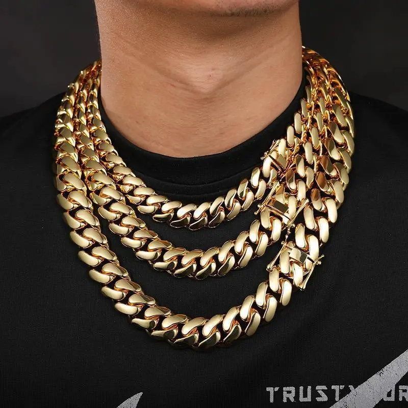 14K Gold Vacuum Plated Stainless Steel Chain & Copper Deployment Clasp Miami Cuban Link Chain Italy Mexico & Micro Inspired Unisex Hip Hop 10-22mm Necklace&Bracelet for Men & Women Jewelry,Daily Wear,Casual Fashion,Gift ,Chicano Style,Weigh