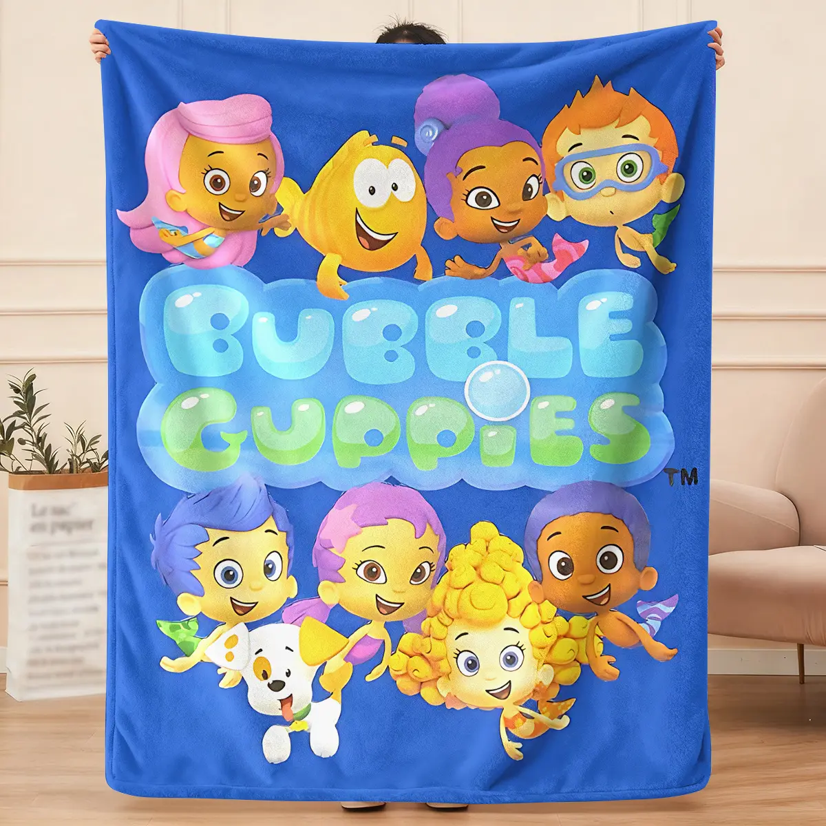 Bubble Guppies Main Characters Logo Print Flannel-Cotton Blanket, Classic Blue Background, All-Season Cozy Travel Bedding, Whimsical Home/House Decor, Perfect Birthday Gift for Toddler Fans of the Animated Series