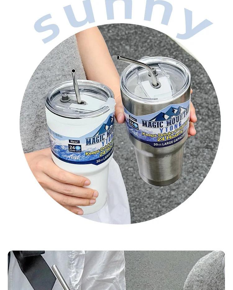 Magic Stainless Steel Freeze Thermos Cup with Straw Ice Coffee Drink Vacuum Insulated Bottle Car Travel Outdoor Mountain Cup
