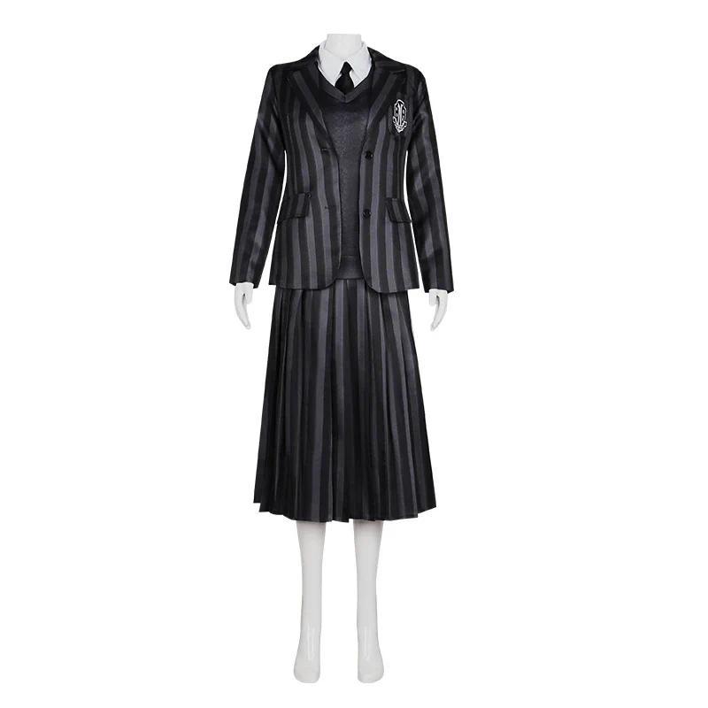The Addams Family Wednesday Cosplay Costume Girl School Black Uniforms Suit Dress Woman Halloween Party Clothes Wig
