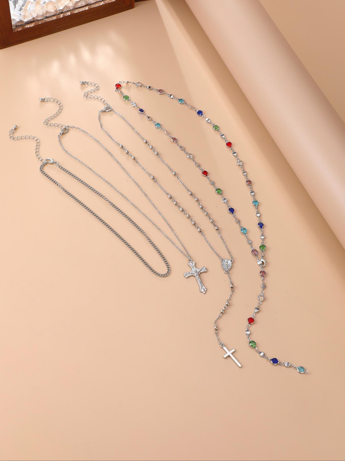 4 Piece Set Vintage Metal Jesus Cross Y-Style Long, Bohemian Style Boho Chic Colorful Crystal Glitter Cross Pendant Jewelry, Perfect Fashion Gift for Women