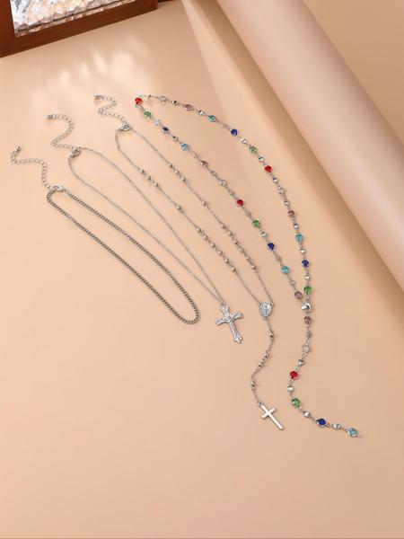 4 Piece Set Vintage Metal Jesus Cross Religious Pendant Y-Style Long, Bohemian Style Boho Chic Colorful Crystal Jewelry, Perfect Fashion Gift for Women