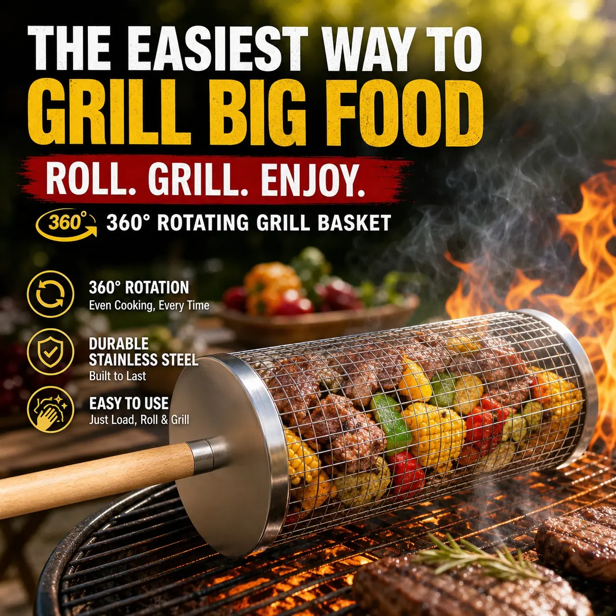360° Rotating Grill Basket, Rolling BBQ Grill Basket for Meat & Vegetables, Stainless Steel Outdoor Camping Grill Tool with Handle, Grilling Tools
