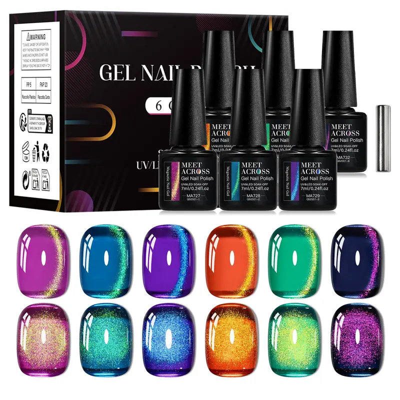 MEET ACROSS 7 Pcs Colorful Gem Cat Eye Gel Nail Polish Set, Super Bright Magnetic Transparent Long-Lasting Durable Soak-Off Gel for Home or Salon UV/LED Nail Art DIY