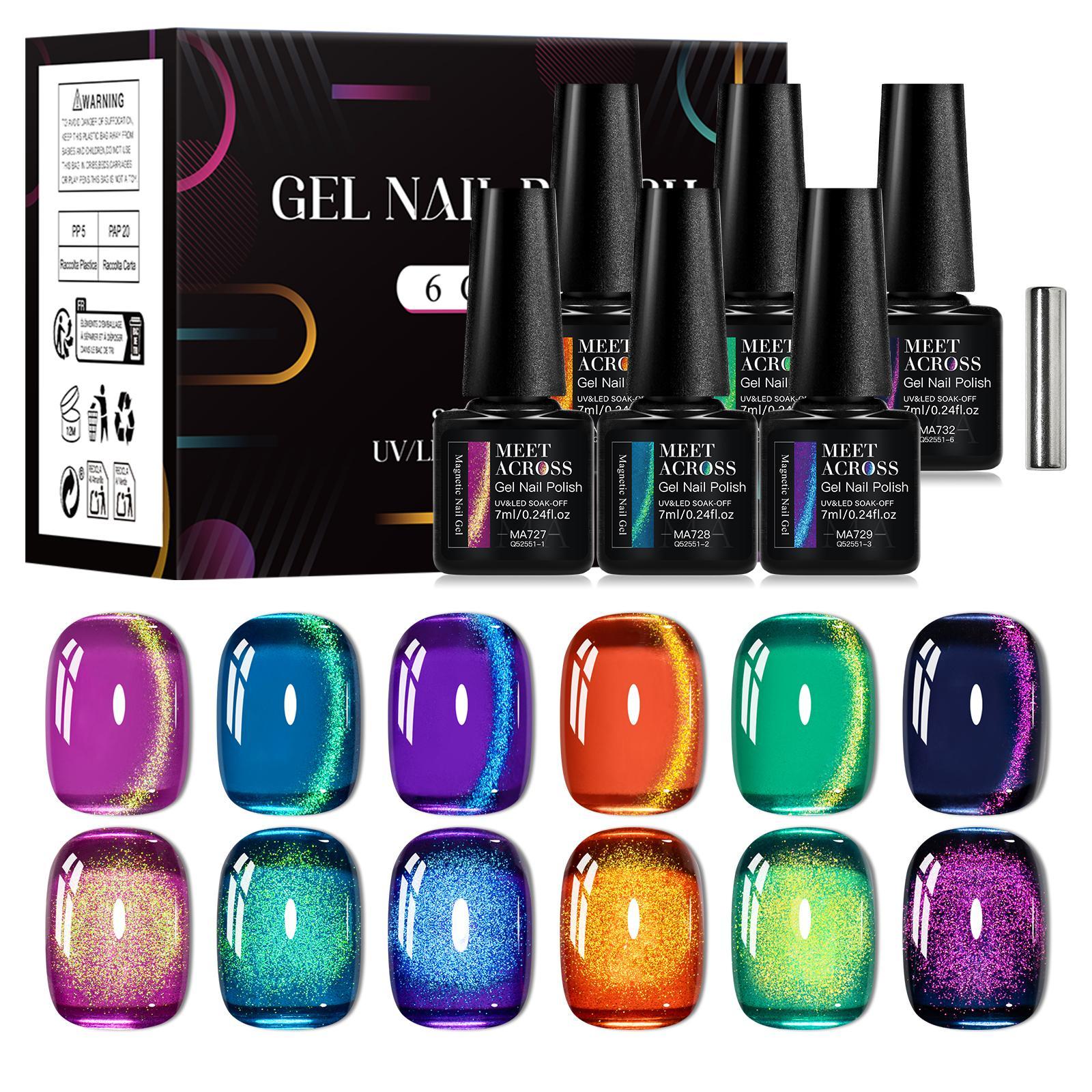 MEET ACROSS 7 Pcs Colorful Gem Cat Eye Gel Nail Polish Set, Super Bright Magnetic Transparent Long-Lasting Soak-Off Gel for Home or Salon UV/LED Nail Art DIY