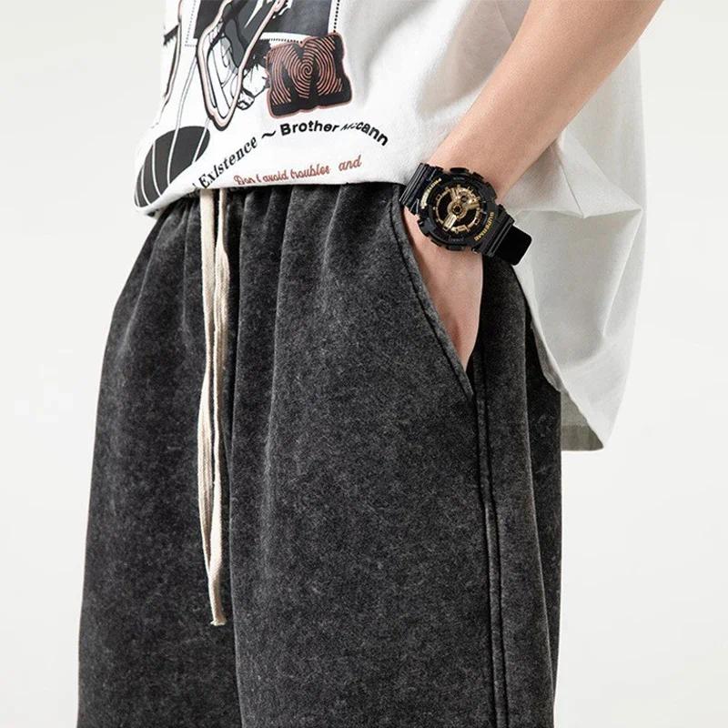 4PCS Summer  Men's Retro Washed Hip Hop Streetwear Shorts Unisex Sweatshorts Elastic Loose Fit Jogger Shorts Oversize Beige Casual