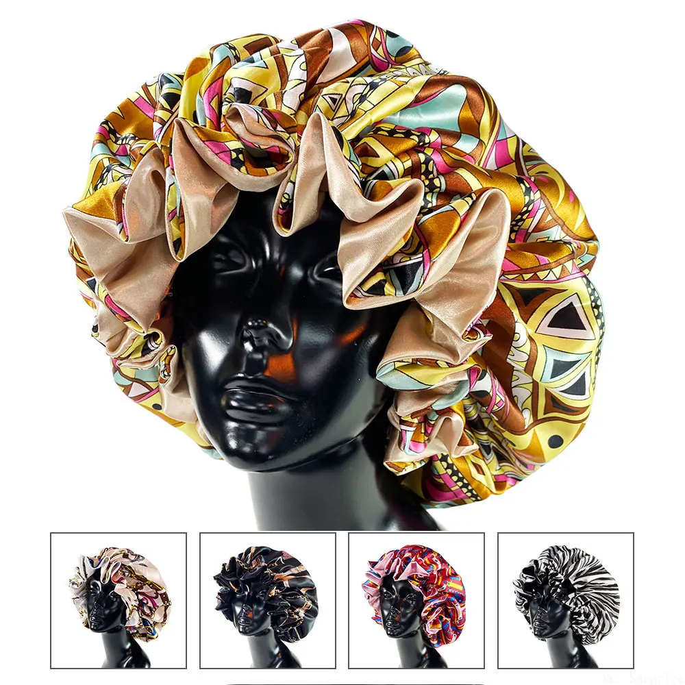 Soft Double-Layer Satin Hair Bonnet with Plant Floral Prints, Portable Foldable Reusable Waterproof Satin Head Cover for Night Sleeping Hair Fixing, Shower Use